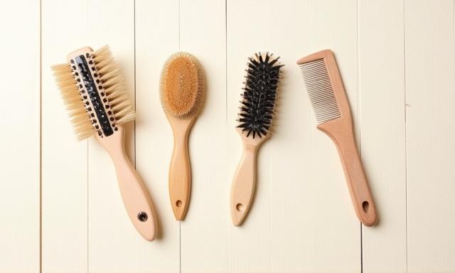 A variety of pet brushes laid out for different coat types, illustrating the importance of choosing the right tool.