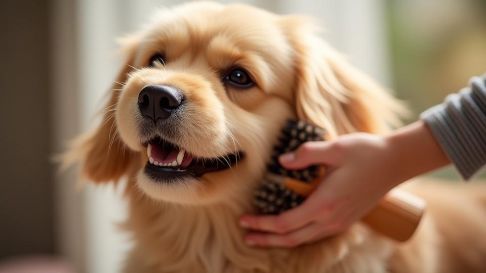 Happy dog being gently brushed with care, illustrating the importance of proper grooming tools.