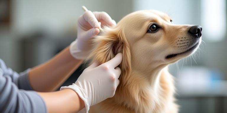 A professional groomer gently cleaning a dog's ear with a cotton ball, showing care and precision.