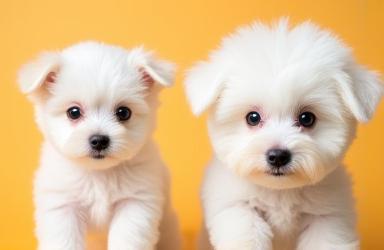 Bichon Frise puppy before first groom and after with a perfectly round, fluffy teddy bear cut.