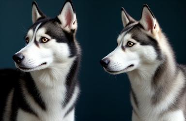 Siberian Husky before deshedding treatment with thick undercoat and after with a thinner, healthier coat.