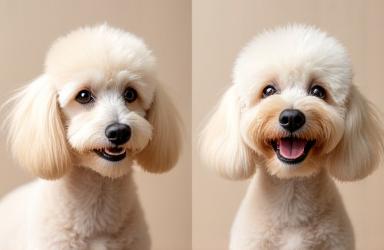 Poodle before grooming with matted fur and after grooming with a fresh, fluffy cut.