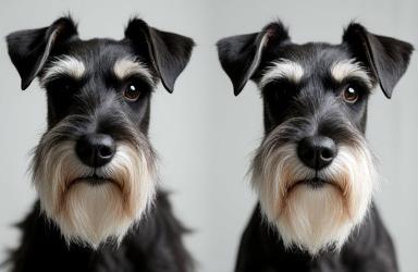 Miniature Schnauzer before grooming with shaggy fur and after with a classic, sharp schnauzer cut.