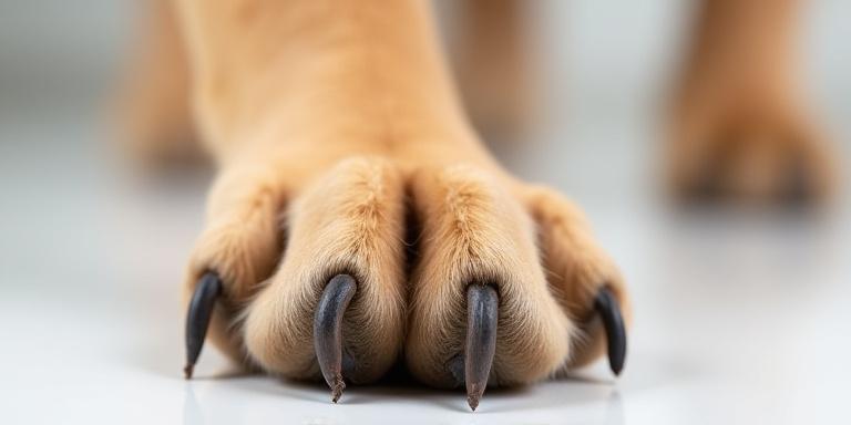 Close-up of a dog's paw with noticeably long, overgrown nails curling.