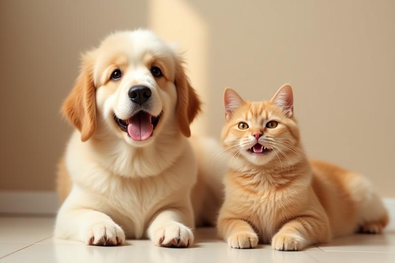 Happy dog and cat looking calm after a grooming process