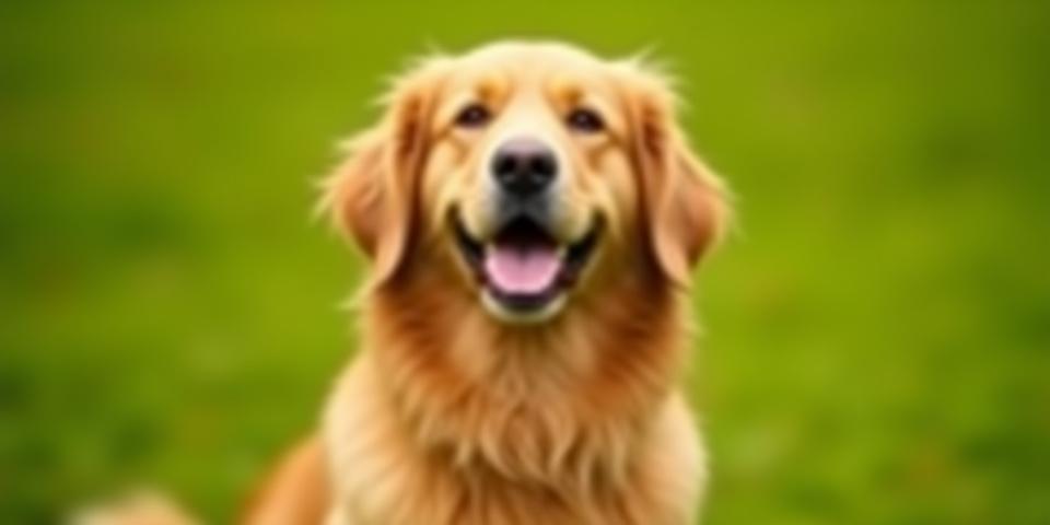 A fluffy golden retriever looking happy after a professional grooming session, with sparkling clean fur and a healthy appearance.